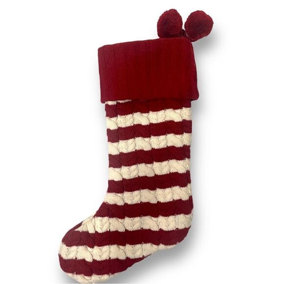 Red and White Cable Knit Christmas Stocking with Paw Print and Pom Poms - Picture 6 of 7